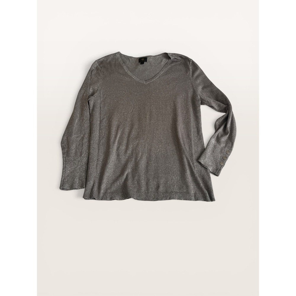 JM Collection Silver Metallic V-Neck Shimmer Knit Sweater Button Cuff Gray Large